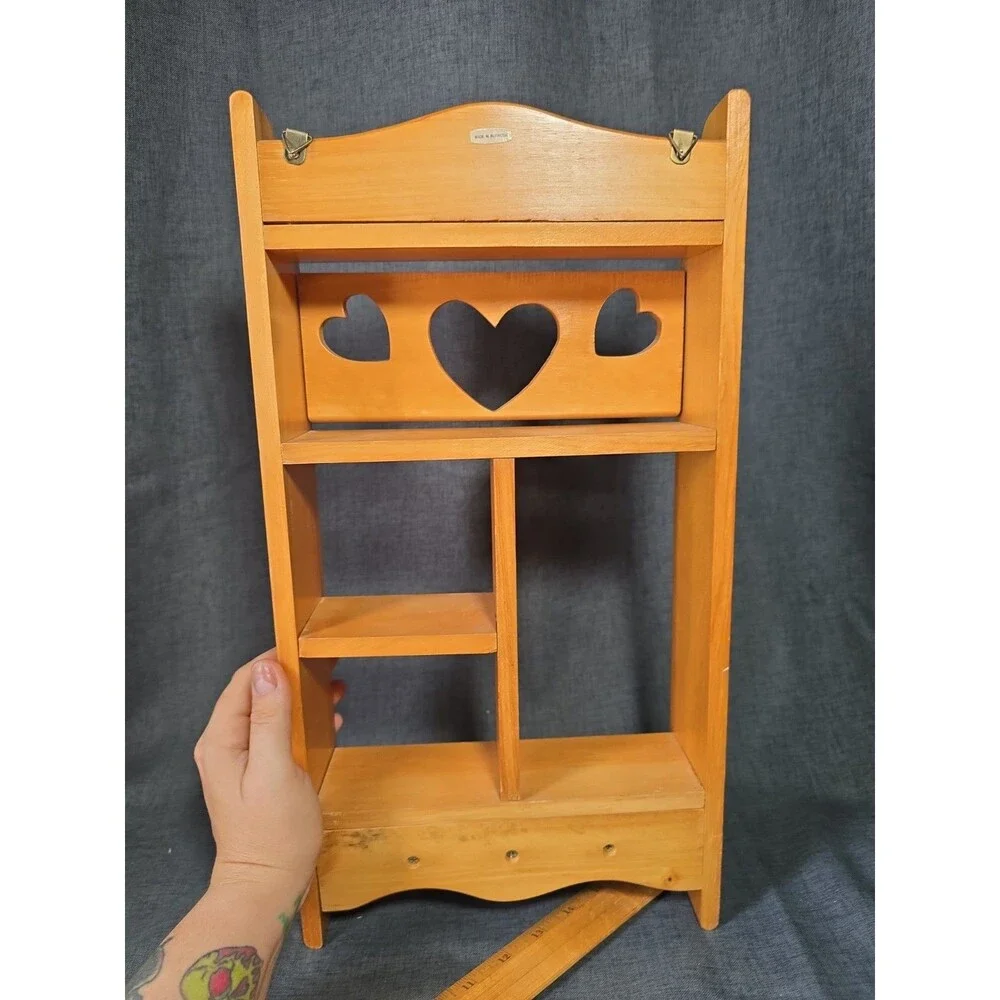 Vtg Wood Wall Shelf Curio Shadow Box Heart Dividers Display Country Cottage Core
